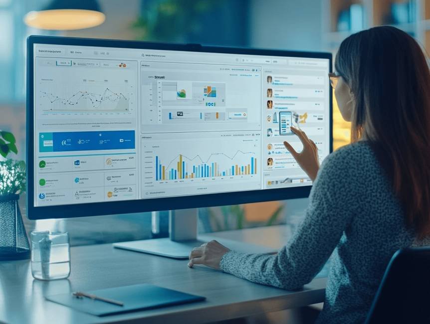 Marketing Analytics und Reporting Bild zeigt eine Frau am Monitor, die Marketing Analytics und Reporting erstellt
