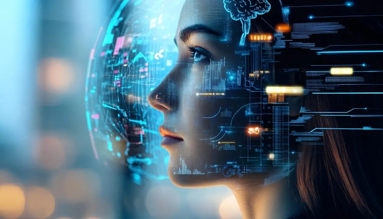 Blogbeitragsbild zeigt Frau mit futuristischen Umgebung als Symbol zur Marketing effizienter mit KI