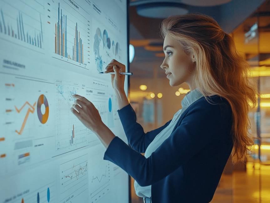 KI im Marketing Bild zeigt Frau am grossen Dashboard mit KI im Marketing