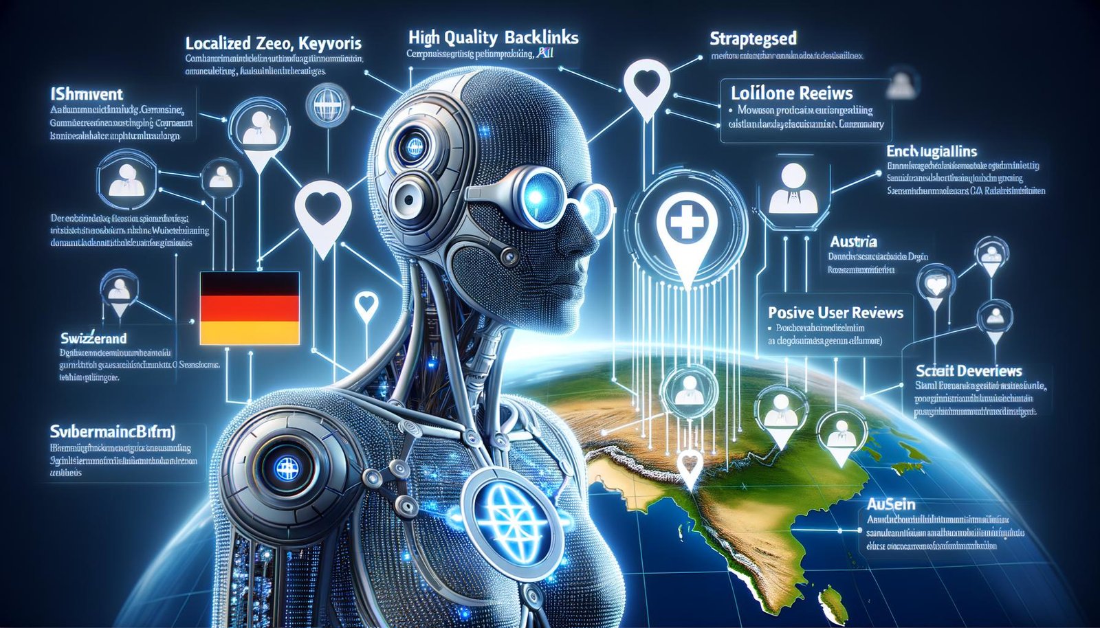 Eine Karte zeigt lokale SEO-Strategien in der DACH-Region mit KI-Unterstützung.
