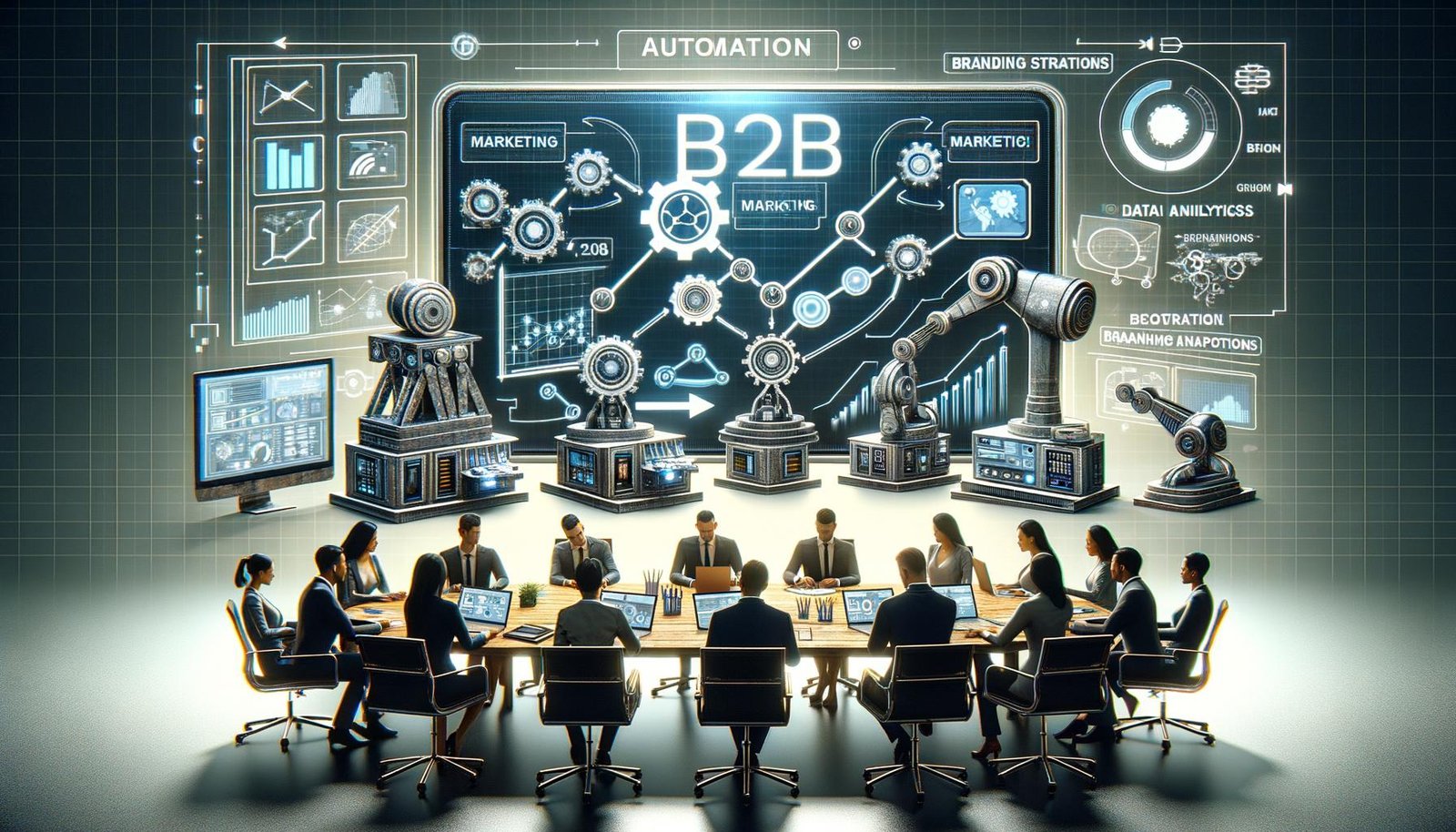 Ein Team diskutiert B2B-Marketingstrategien mit Automatisierung durch KI.