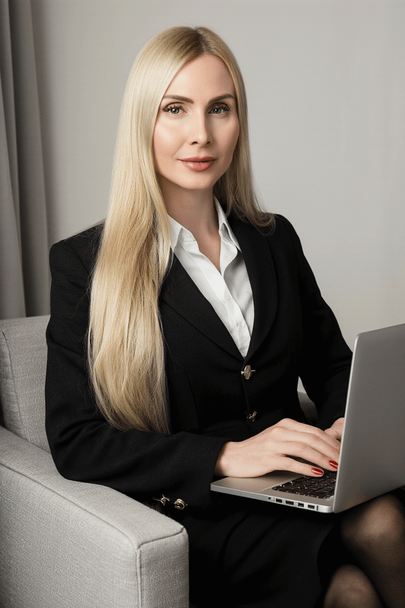 Foto von Susanne Svidowski mit Laptop in der Hand für barrierefreie Website.