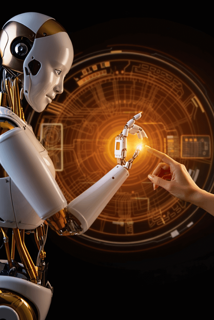 Menschlische Hand berührt die Hand des Roboters Ein humanoider Roboter und eine menschliche Hand berühren sich vor einem leuchtenden digitalen Interface – Symbol für die Zusammenarbeit von Mensch und KI im Marketing.